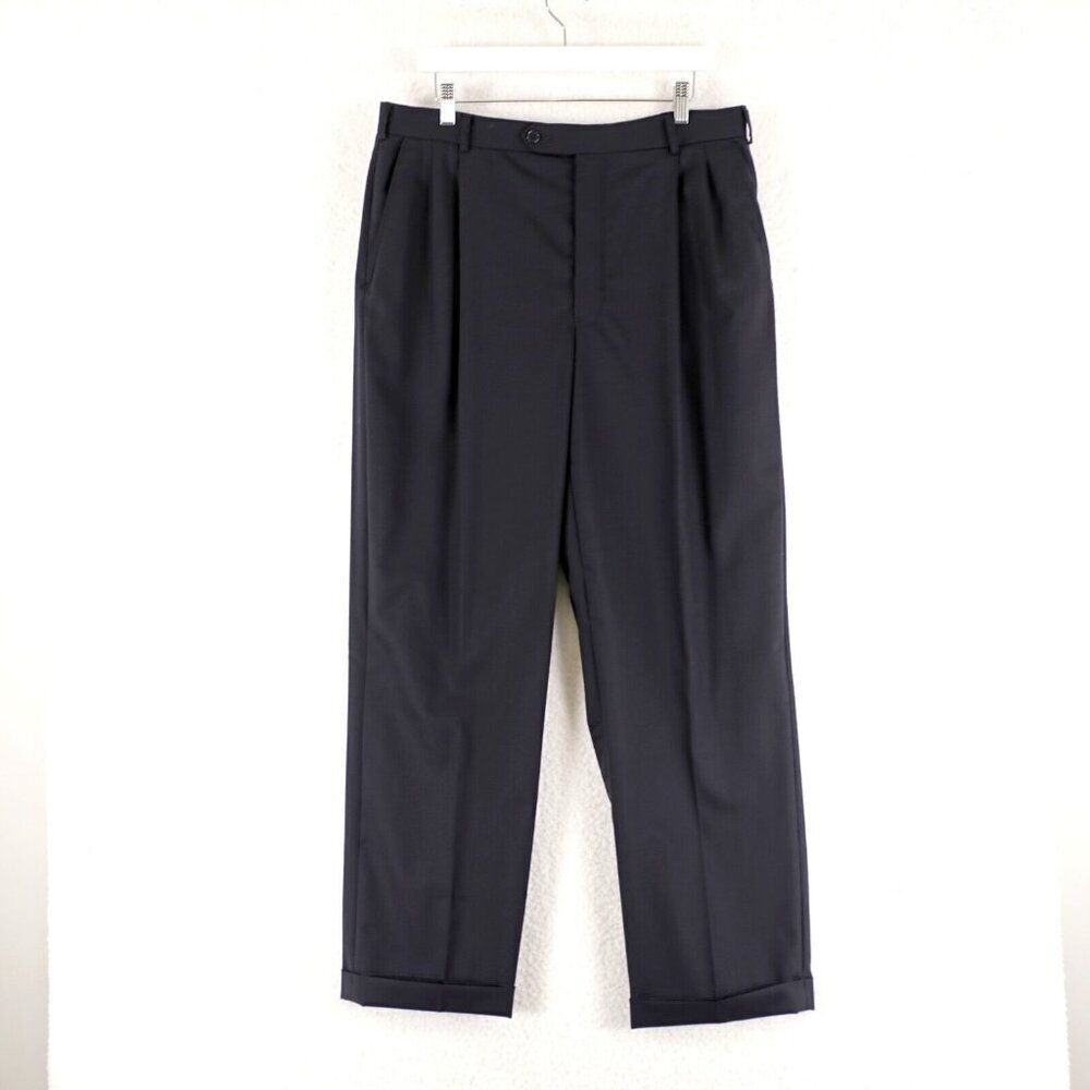 Brooks Brothers 346 Stretch Blue Wool Pleated Cuffed Mid Rise Dress Pants 35/31